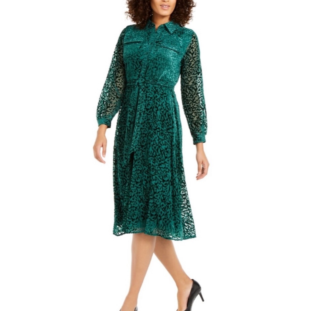 Alfani Velvet Burnout Belted Shirtdress Emerald